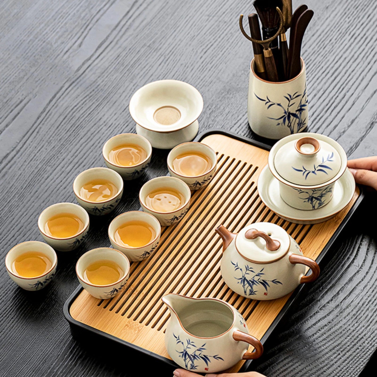 Tang Feng Ru Kiln Bamboo Charm Chinese Tea Set (includes: lidded bowl, fair cup, tasting cups, tea strainer set, tea utensil caddy, tea tray)